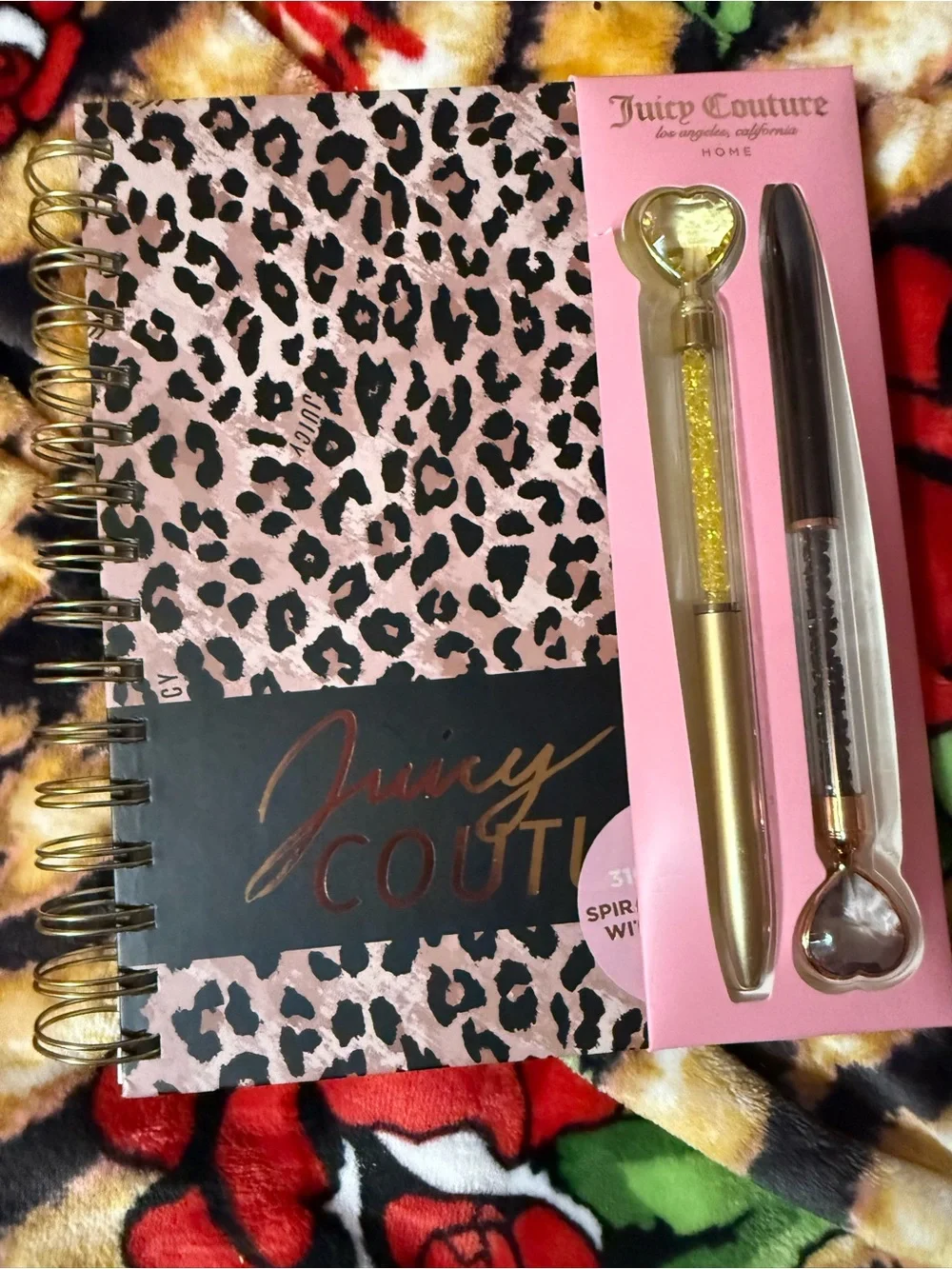 Juicy Couture Pink and Gold Leopard Spiral Notebook with Heart Pens